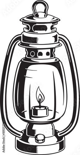 Antique metal kitchen objects including a vintage coffee pot, teapot, and cup sit beside an old kerosene oil lantern and glass candle lamp for a retro camping aesthetic