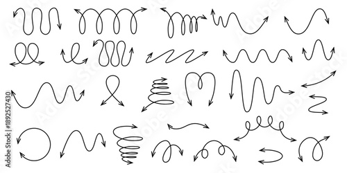 Set of double  arrows in doodle style. Kawaii vector squiggly loops with pointer. Wavy lines. Isolated vector signs.