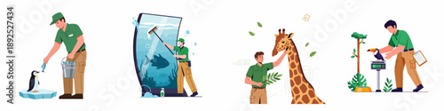 Zoo worker caring for animals illustration set: feeding penguin, cleaning aquarium, tending giraffe, and weighing toucan for health checks.