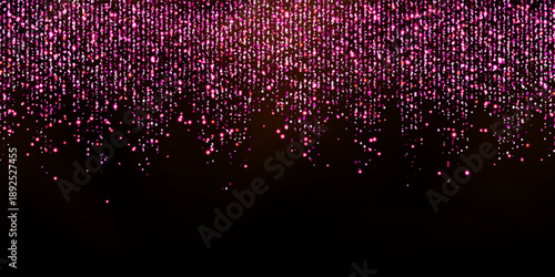 Pink star shower or rain abstract vector bg. Sparkling lamettas with strass pattern and glowing effect. Luxury metallic sequin curtain. Falling shining particles on black 