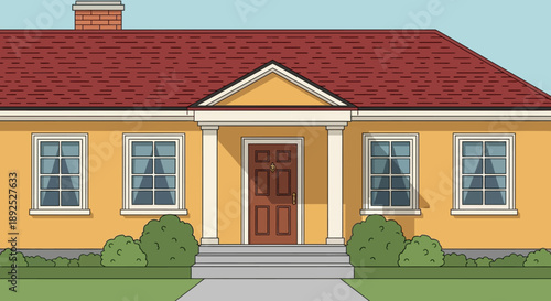 Yellow House with Red Roof and Porch.