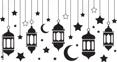 Hanging lanterns and stars crescent moon Ramadan