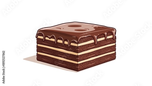 A delicious slice of chocolate cake with creamy filling and rich glaze on a clean white background