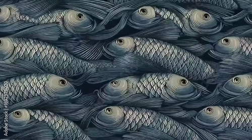 Intricate, dark animated pattern of overlapping fish scales and fins, creating a mesmerizing texture.