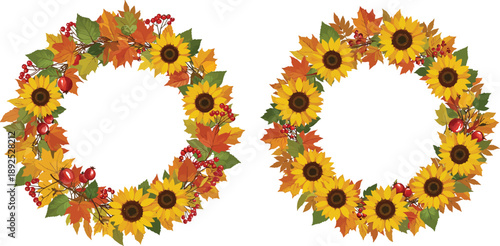 Autumn leaves font with numbers surrounded by colorful floral frame and garden flowers pattern