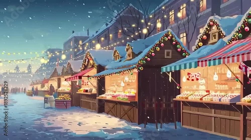 Animated view of a festive winter town square during a Christmas market, with lights and happy people.