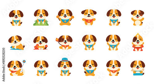 Set of Cute Cartoon Dog Poses and Expressions