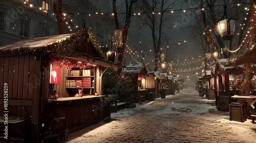 Magical Snowy Christmas Market at Night with Twinkling Lights and Cozy Stalls