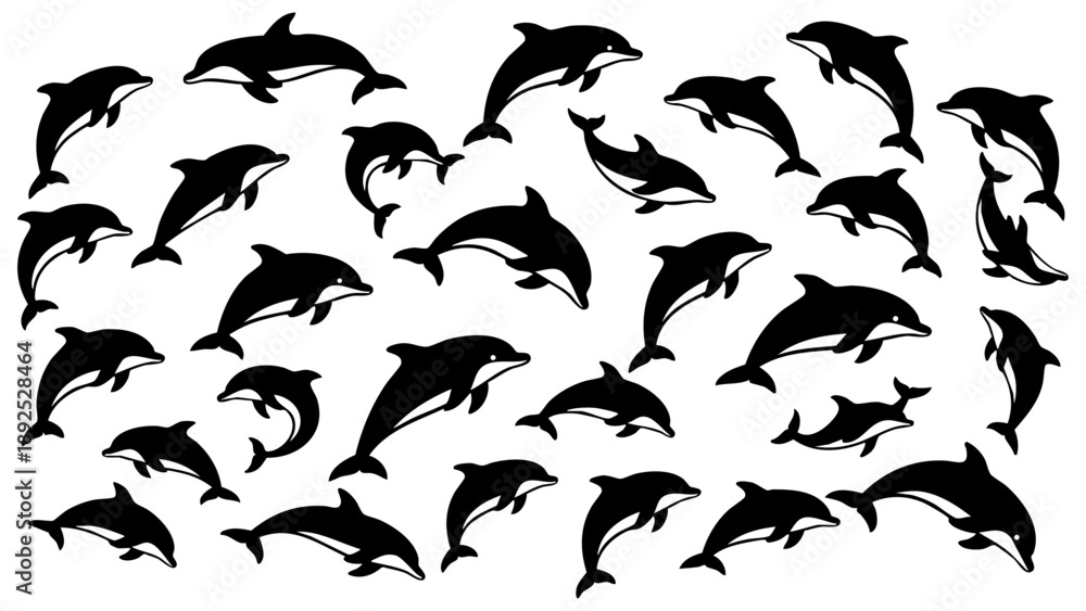 Fototapeta premium Collection Of Jumping Dolphin Silhouettes Black Vector Icons Isolated On White Background