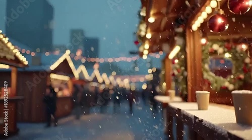 Cozy Christmas Market Drink Stand with Steaming Cups and Falling Snow