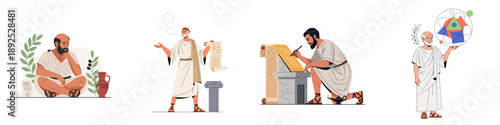 Classical Scholars and Philosophers: Ancient Greek figures engaged in profound thought, writing, teaching, and exploring science and history.