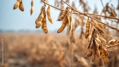Ripe soybeans in pods on a branch, harvested field in background