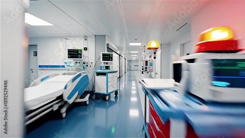 High-Speed Movement Down a Sleek, Modern Hospital Corridor with Blurry Details
