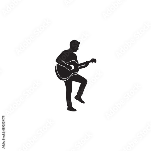 Musician playing guitar in silhouette style with dark monochrome color on plain white background for music industry