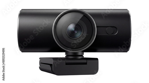 Close-up view of a sleek, black webcam featuring a central lens and a clean design