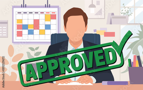 Man sitting at desk with papers and calendar in office environment with approved stamp