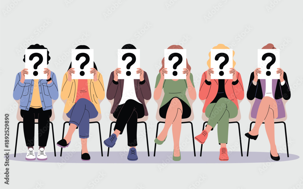 Fototapeta premium Group of people sitting on chairs with question marks over their faces in a modern setting from a straight-on viewpoint