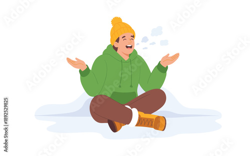 A person sitting on snowy ground wearing winter clothing and smiling while breathing out air in a relaxed pose