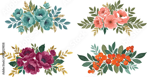 Spring floral bouquet with roses tulips leaves and decorative holly in garden pattern design