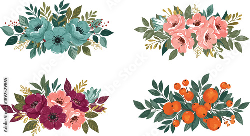 Abstract floral vector illustration featuring a colorful set of flowers and leaves in a decorative natural background