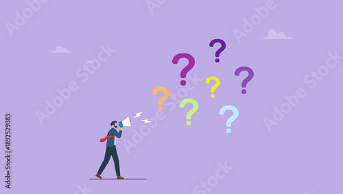 Businessman ask questions on megaphone with lot of question mark. Ask questions to get answer for solving problem, ask for solution or curiosity, request explanation to solve issue or trouble.