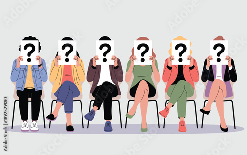 Group of people sitting on chairs with question marks over their faces in a modern setting from a straight-on viewpoint