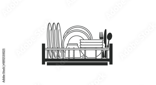 Dish Rack with Clean Dishes and Utensils 1.