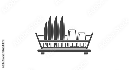 Dish Rack with Clean Kitchen Utensils.