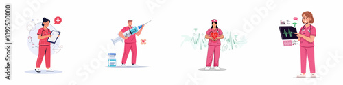 Nursing and Medical Staff Collection: Charting, Vaccination, Heart Care, and Digital Patient Monitoring in Flat Vector Illustrations.