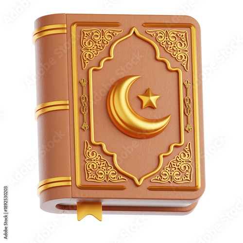 3D Islamic Holy Book Quran with Crescent Moon and Star Emblem - Symbol of Faith and Culture