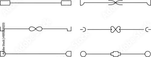  Four minimal decorative line dividers with simple geometric curves, editable stroke vector, clean black outlines, web and print separators, isolated on white background.eps