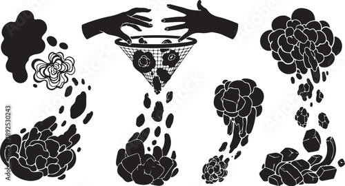 Black and white illustration of hands holding a funnel