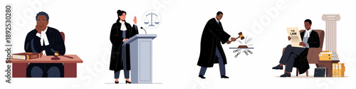 Legal Professionals Vector Set: Diverse judges and lawyers working in court, representing justice, law, oath, and legal proceedings.