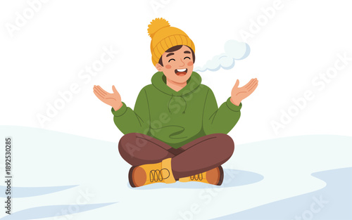 A person meditating in a lotus position on snow, wearing warm clothing and boots, exhaling calmly from a serene viewpoint