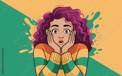 A surprised young woman with curly hair looks shocked from a close-up front viewpoint