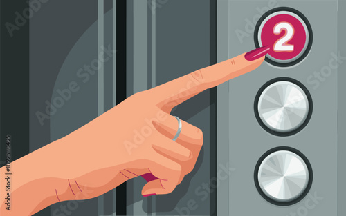 Hand pressing elevator button on a modern control panel with numbered buttons