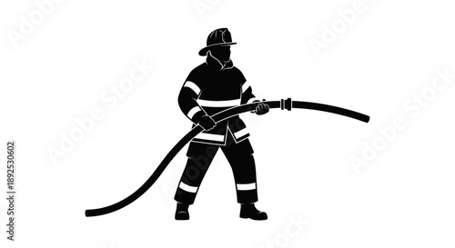 Firefighter in Action with Fire Hose.