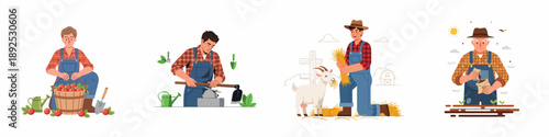 Farming and Agriculture Activity Set: Farmers Working, Harvesting Produce, Tending Animals, and Planting Seeds on the Farm.
