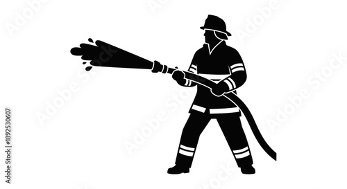 Firefighter Silhouette Holding Fire Hose.