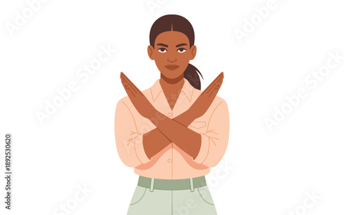 A woman standing with arms crossed in refusal or disagreement gesture