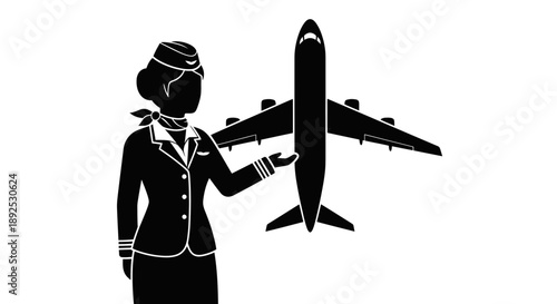 Flight Attendant Standing Beside Airplane Silhouette.