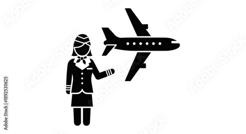 Flight Attendant Standing Next to Airplane Silhouette.