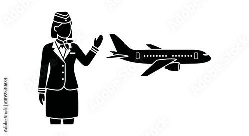Flight Attendant Waving at Airplane Silhouette.