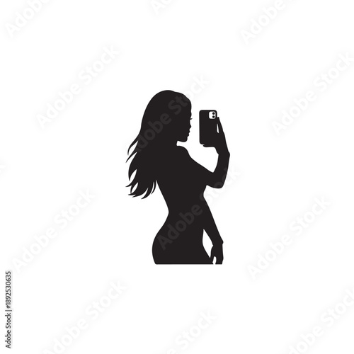 Woman Silhouette Taking Selfie in Minimalist Style with High Contrast Lighting on White Background for Mobile App
