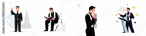 Catholic Priest Vector Set: Ministry Activities including Blessing, Scripture Reading, Rosary Prayer, and Sermon Preaching.