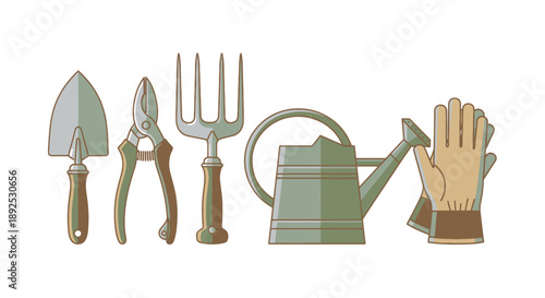 Gardening Tools and Glove Illustration Set.