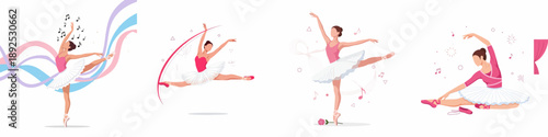 Vector set of graceful ballet dancers in various poses including grand jeté, standing on pointe, and stretching, surrounded by musical notes and abstract shapes.