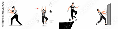 Set of four classic pantomime acts: the invisible wall, ladder climb, walking on air, and stuck door, featuring a traditional mime artist.