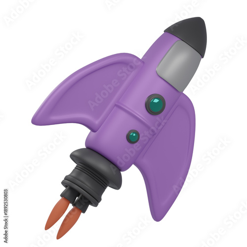 A 3D illustration of a purple rocket ship launching with fiery exhaust, conveying a sense of space exploration and innovation