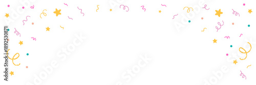 Cute crayon style colorful party frame with stars and confetti, isolated. Festive hand drawn doodle border with empty space for text or message. Fun birthday illustration for kids.